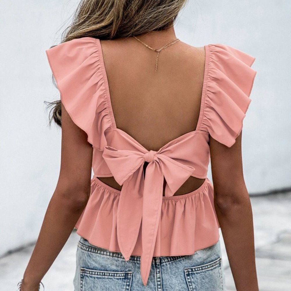 Coral Pink Preppy Womens Tie Back Ruffle Sleeve Peplum Blouse - Picture 4 of 5